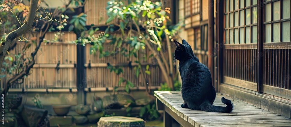 Poster old japanese house with a black cat in the copy space image.