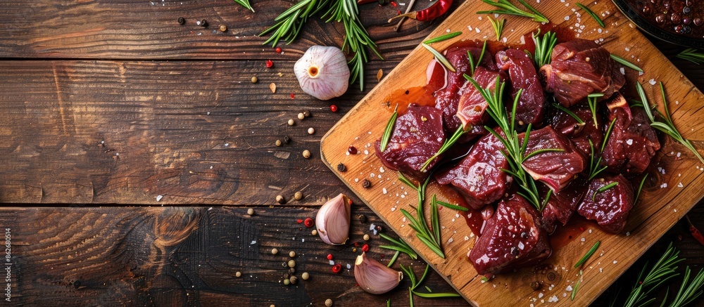Poster a vivid image of goulash, featuring slices of red beef or lamb on a cutting board surrounded by rose