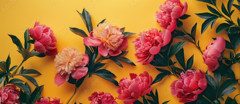 Poster overhead shot of peony flowers displayed against a yellow backdrop with room for text or graphics, c