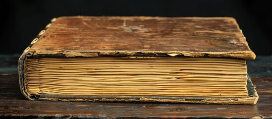 Book made from recycled paper with a wooden cover featuring copy space image.