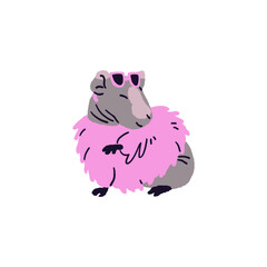Stylish guinea pig wearing fur coat. Happy cavy with sunglasses in fashion clothes. Cute domestic rodent, pet is in trendy outfit. Hand drawn flat isolated vector illustration on white background