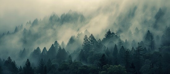 Dark fog blankets a natural forest park creating a mysterious backdrop with ample copy space image.