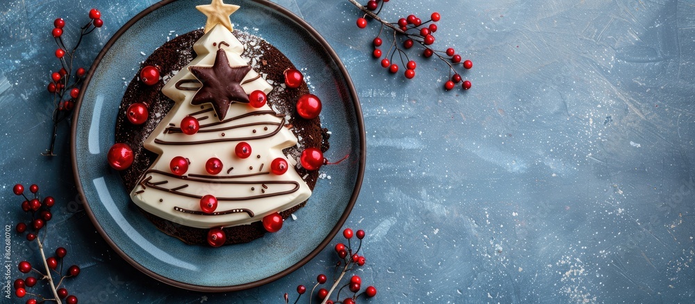 Poster Top view of a festive Christmas tree cake adorned with a chocolate star, red berries, on a gray plate set on a blue table, perfect for adding text or graphics in the copy space image.