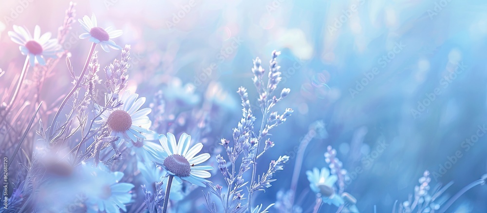 Poster A copy space image with violet and light blue tones featuring chamomile and daisies on the left side of a meadow in a horizontal layout.