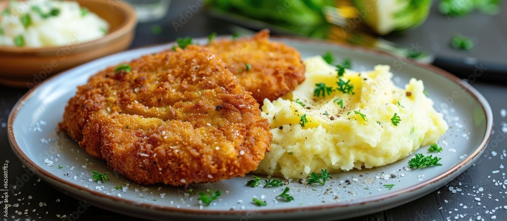 Aufkleber A plate featuring mashed potatoes, a breaded cutlet, and fresh cabbage with a background ideal for adding text or other elements, like a copy space image.