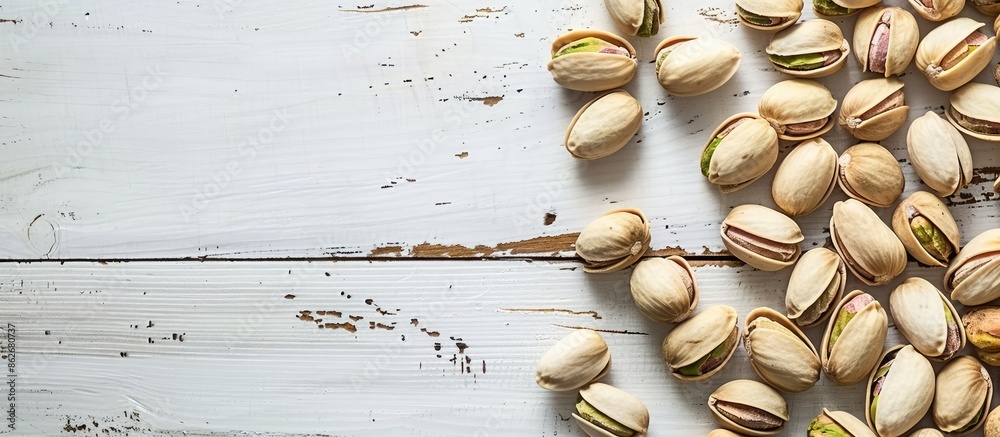 Aufkleber top view of pistachios on a white wooden surface with ample copy space image.