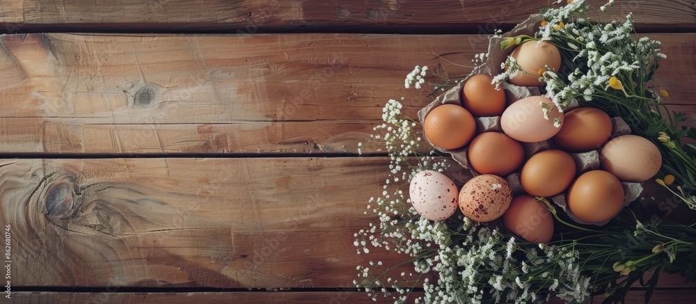 Aufkleber Top-down view of a wooden surface adorned with a beautiful array of eggs and a bouquet of flowers, perfect for a copy space image.