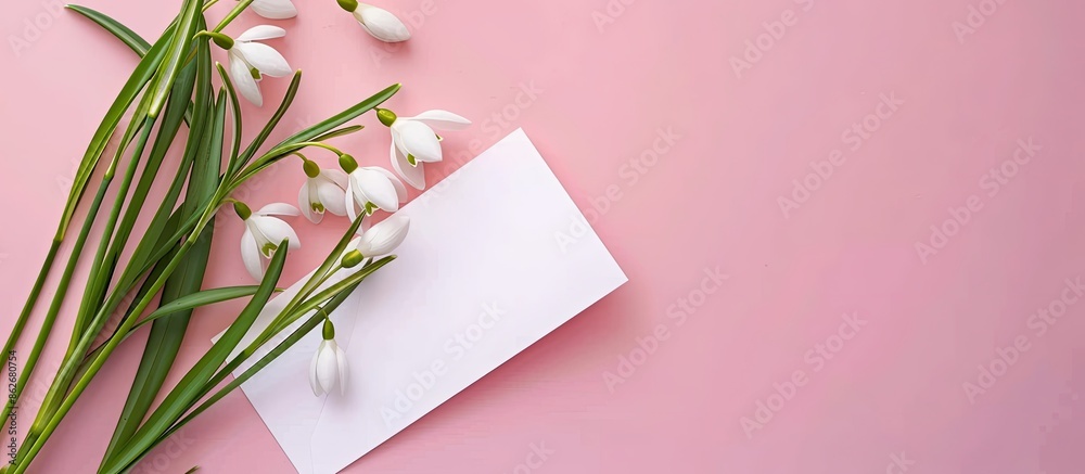 Poster Snowdrops and a greeting card on a pink backdrop with copy space image.