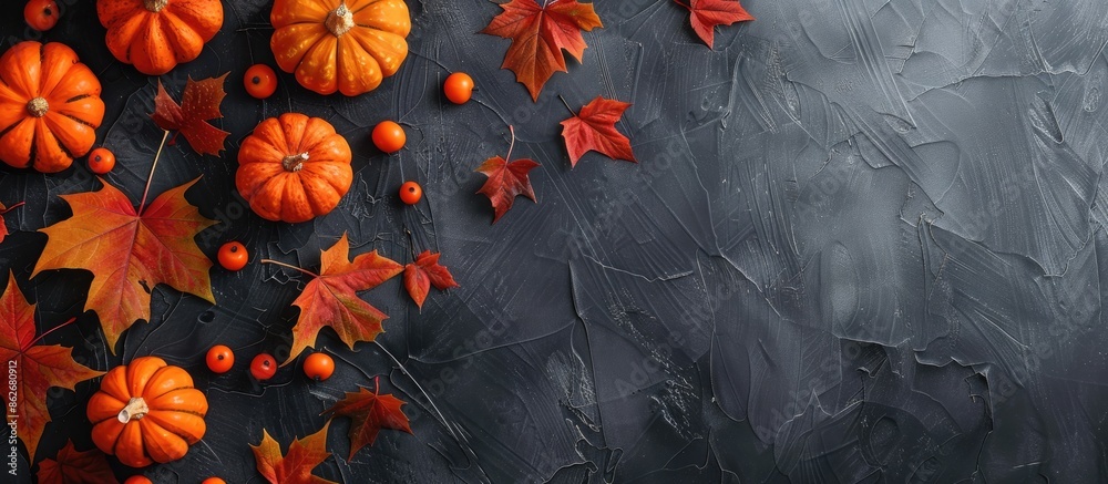 Poster autumn maple leaves along with small orange pumpkins set against a dark gray background with copy sp