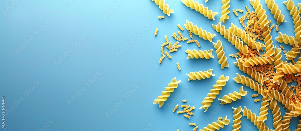 Poster Top view of dry pasta on a textured blue background with copy space image available for text.