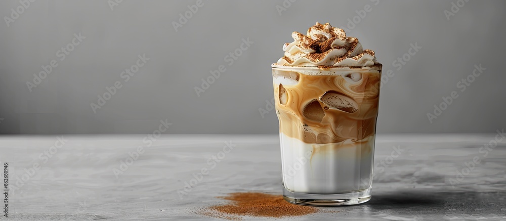 Poster trendy coffee cocktail on a grey background mock-up with copy space image for text, featuring dalgon