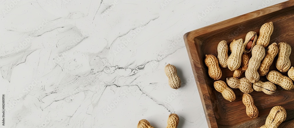 Poster a wooden tray filled with peanuts in shells on a white background, with blank space on the right for