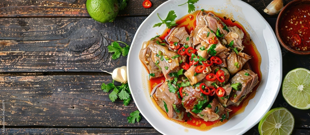 Poster top view of boiled pork served on a white plate with a zesty lime, garlic, and chili sauce, with an 