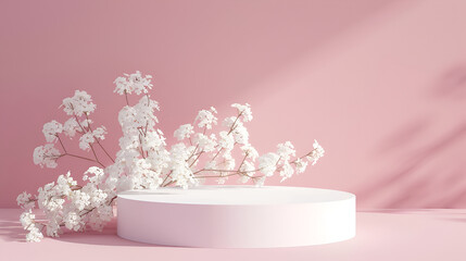 Podium pedestal on pastel soft colored background for product presentation or showcase. Empty minimalistic,Product Podium - Pink & White Podiums, Pink Background
