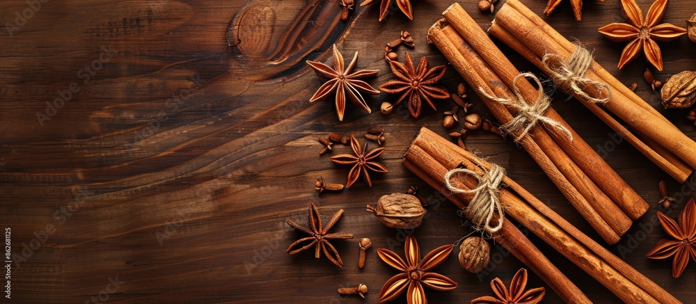 Poster wooden table adorned with aromatic cinnamon sticks and anise stars in a flat lay arrangement with av