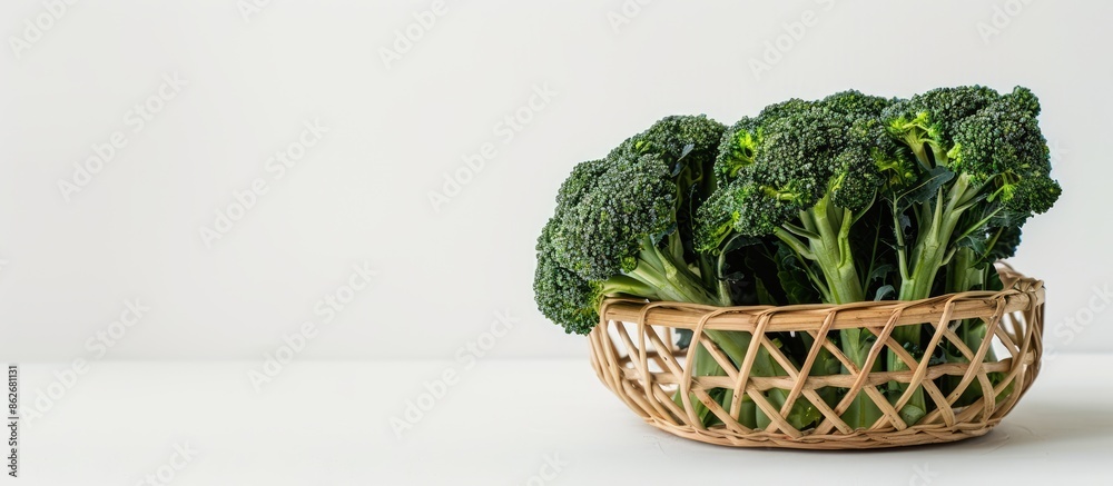 Poster fresh broccolini arranged on a wicker stand against a white backdrop, conveying a vegetarian concept