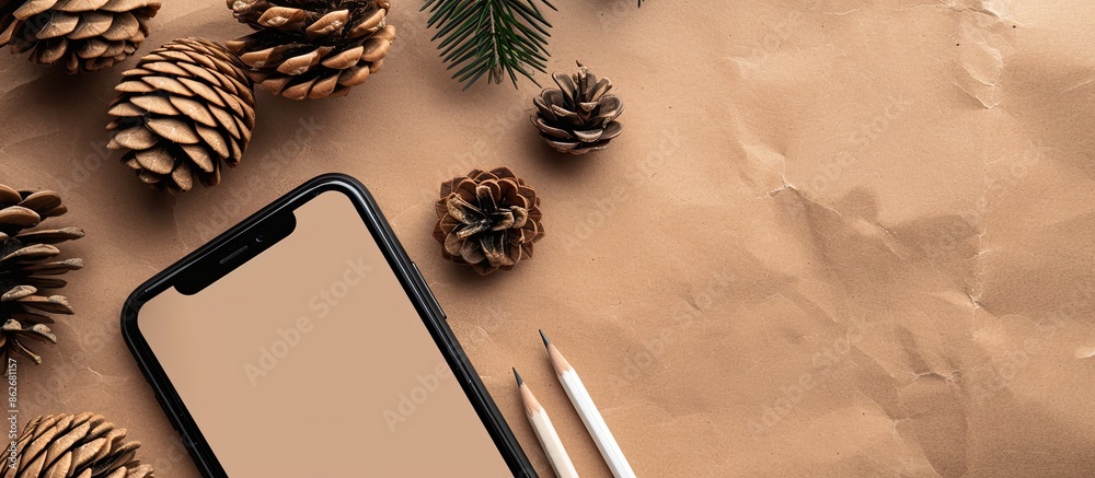 Leinwandbilder top view of a smartphone, pencil, and dry pine cones on a brown paper surface with room for text or 