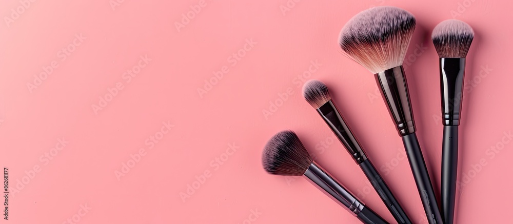 Poster Glamorous makeup brushes displayed on a soft pink backdrop in a cosmetics store banner, showing visagist tools from a top view with a creative flat lay and copy space image.