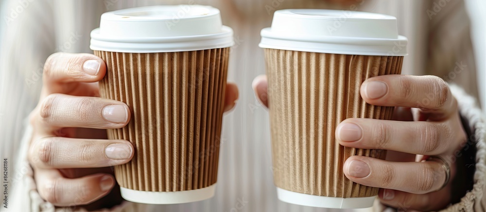 Poster hands are shown holding paper cups of coffee in a close-up copy space image.