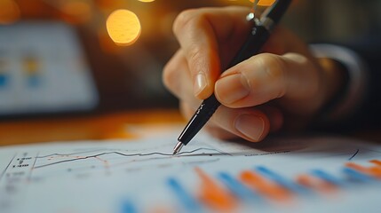 A close-up of a hand holding a pen, drawing an upward trend on a graph paper with various economic data charts in the background