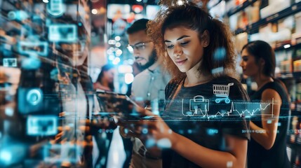 4. A montage of customers using digital devices to browse and shop online, illustrating the convenience and accessibility of e-commerce in modern lifestyles.