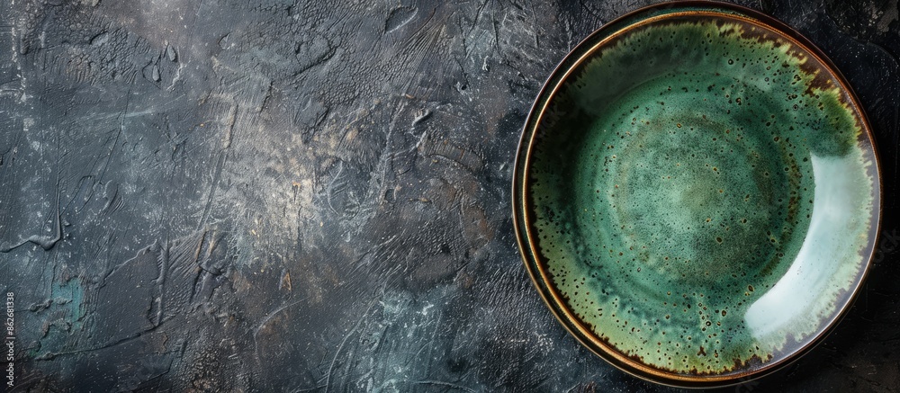 Poster Rustic green plate on a dark table with a rough surface in a top-view setting, featuring a copy space image for menu or recipe backgrounds.