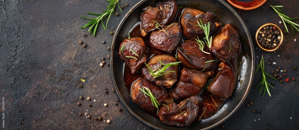 Poster Rustic top-view image of a chicken liver confit, a delectable appetizer or snack on the table with copy space in the background.