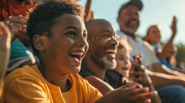 A family cheering on a young athlete at a sports event, capturing the spirit of encouragement and support