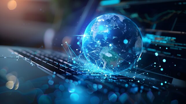 A futuristic image of a holographic globe projecting out from a laptop screen, with bright blue light effects