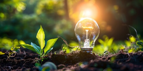 A light bulb is placed in the dirt next to a plant. Concept of growth and life