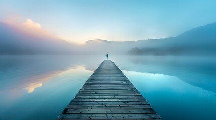 A lone individual standing on a wooden pier extending into a serene body of water, with mist rising in the early morning light