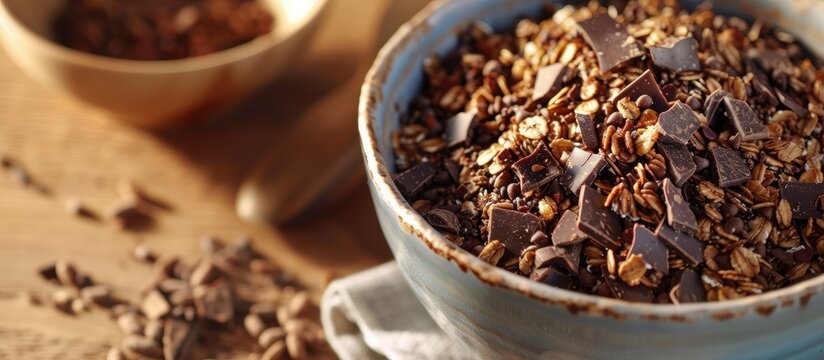 Close-up view of a bowl containing oatmeal and chocolate granola with a warm color palette, suitable for a copy space image.