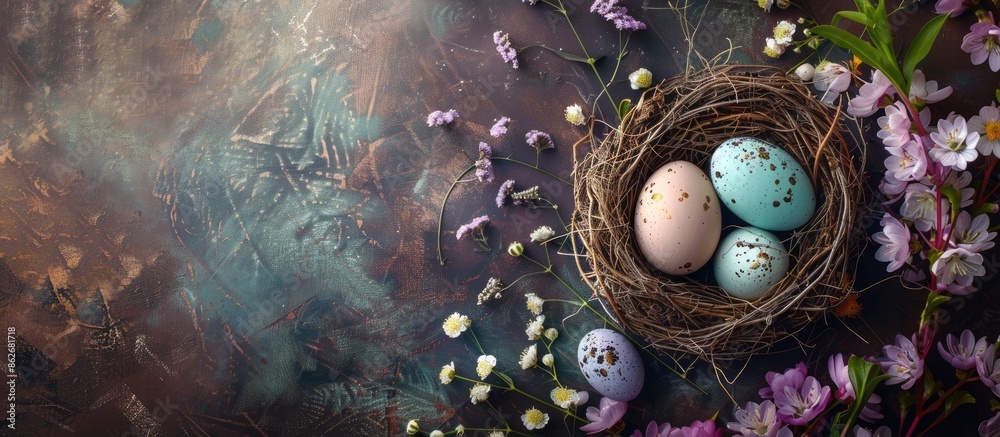 Poster easter-themed flat lay with eggs in nests and spring flowers, perfect for greeting cards with a copy