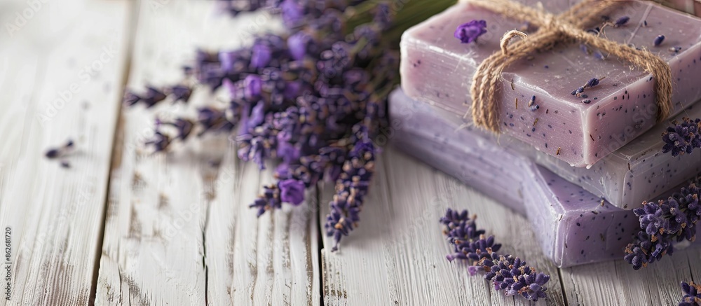 Poster Handcrafted lavender soap displayed on a white wooden table with ample copy space image.