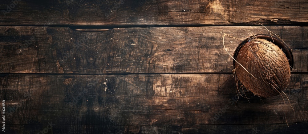 Poster Dark wooden table adorned with a coconut creating an appealing copy space image.