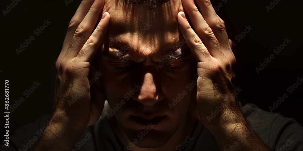 Wall mural A man is holding his head in his hands, looking down. He is in a state of deep thought or contemplation