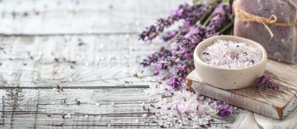 Poster A rustic display of lavender organic soap with bath salt is arranged on a white wooden table with a blank background for adding images. Copy space image. Place for adding text and design