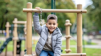 Obraz premium Boy Smiles on a Sunny Day Playground Adventure