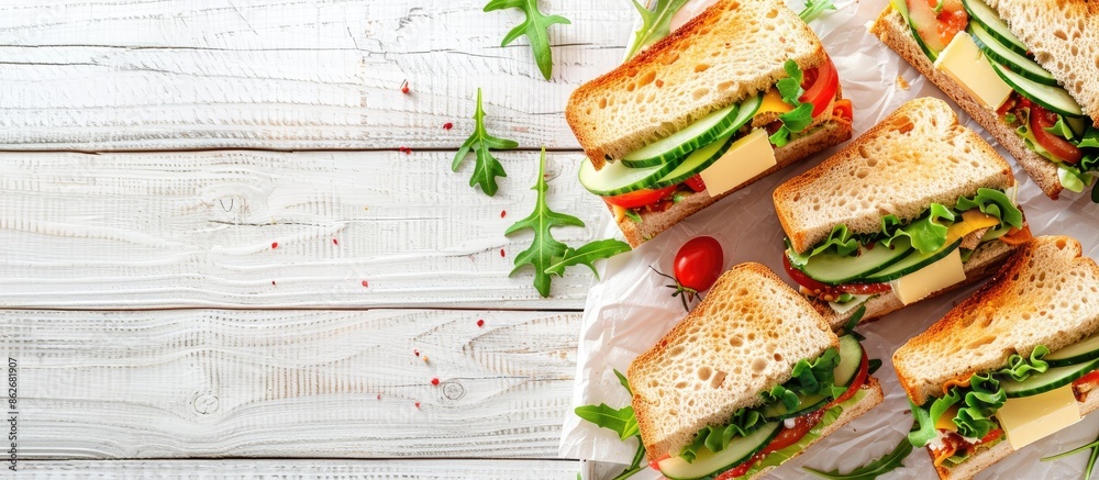 Fototapete Flat lay view of delicious sandwiches with butter and cucumber on a white wooden table, perfect for adding text in the copy space image.