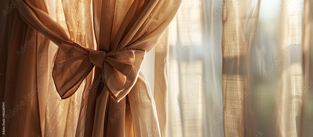 Poster An elegant bow adorns the beautiful curtain on the window, adding a decorative touch with its natural material, creating a cozy atmosphere around a peaceful copy space image.