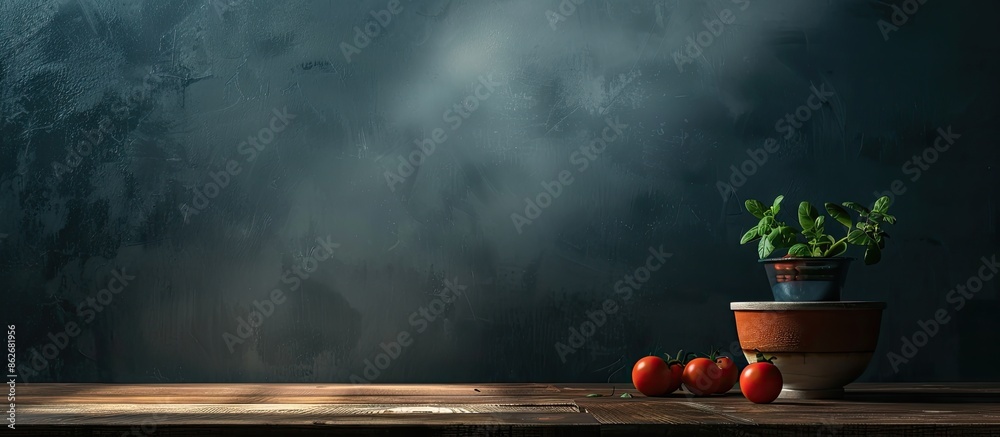 Fototapete Empty workstation with a dark wall background and an abstract package on the table for food or product, creating copy space image.