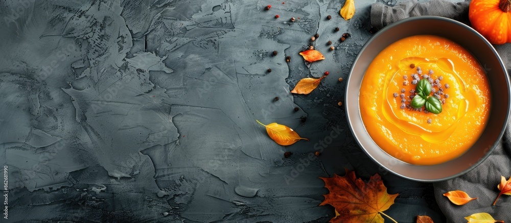 Poster Vegetarian pumpkin soup puree in rustic style on a gray background with a top view, perfect for Thanksgiving Day with copy space image.