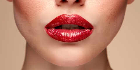 Obraz premium A woman's lips are painted red with a shiny gloss. The lips are closed, but the image is of a close up of the lips