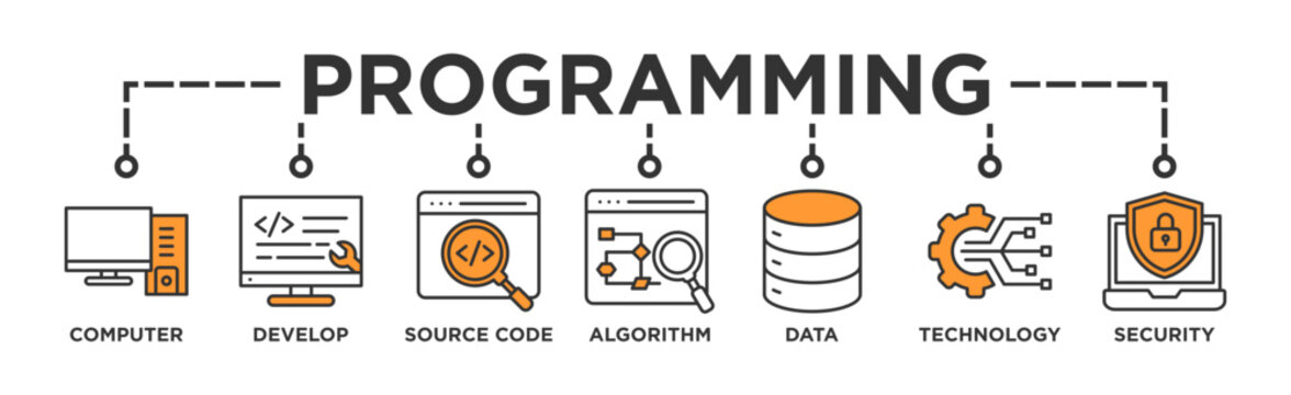 Programming banner web icon vector illustration concept with icon of computer, develop, source code, algorithm, data, technology and security