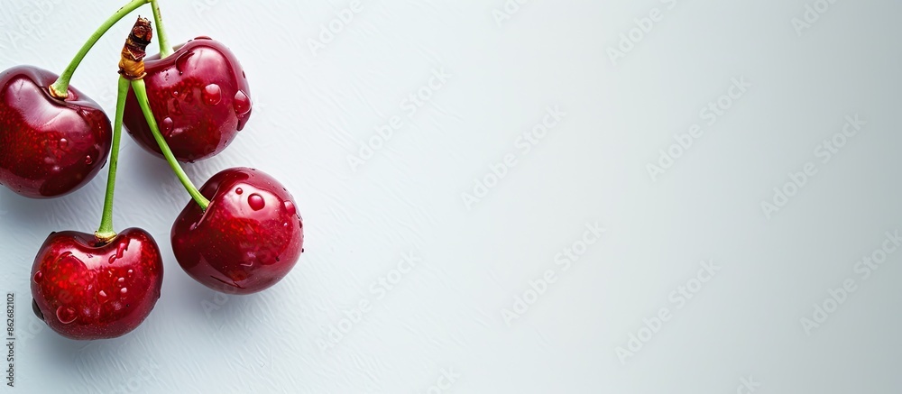 Poster close-up image of four cherry berries on a white background with copy space image.