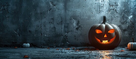 A Halloween-themed arrangement featuring a jack-o'-lantern decoration displayed on a concrete surface, with space for adding text or other images. Copy space image. Place for adding text and design