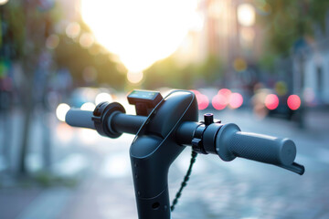 Close-up of electric scooter handlebars and display in a city setting, highlighting modern urban transportation