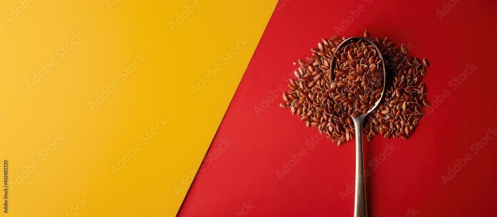 Poster flax seeds on a tray beside a spoon on a colorful background with copy space image.