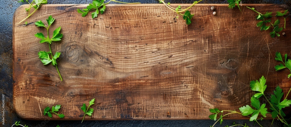 Fototapete A wooden cutting board with a white background creating space for images to be added. Copy space image. Place for adding text and design