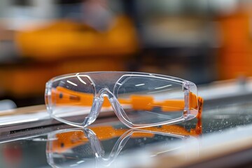 Close-up of safety glasses on a reflective surface in an industrial setting, highlighting protective eyewear for workplace safety
